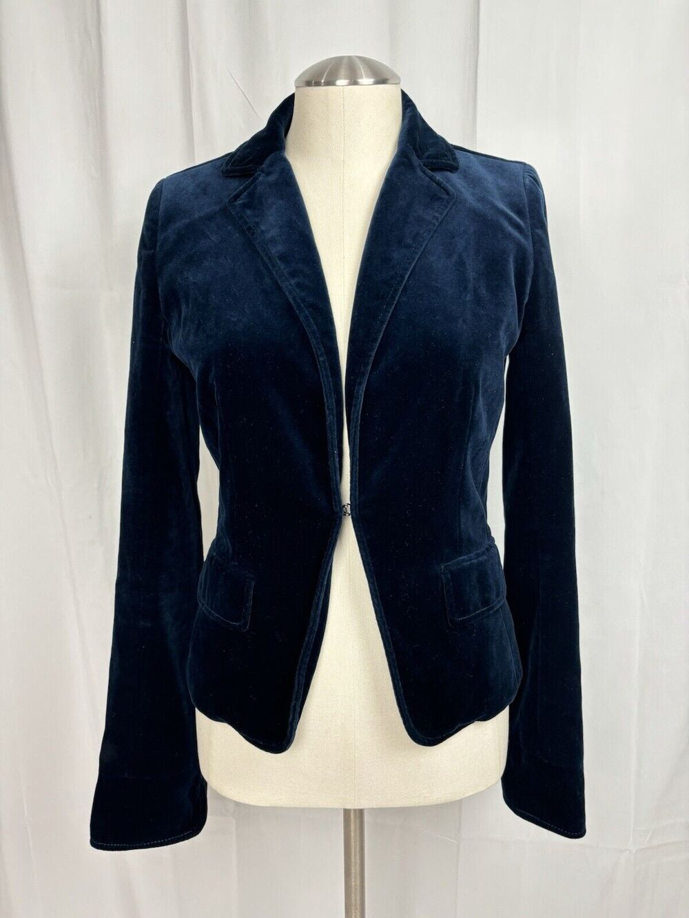 J. Crew Women’s Blue Velvet Cotton One Closure Satin Lined Blazer Size 2 Talln